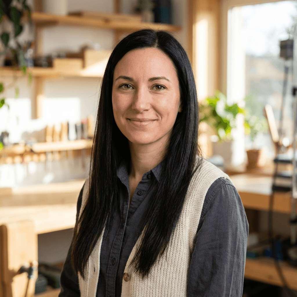 Female interior designer in her mid 30s, White, with a confident and approachable expression, in a modern studio setting