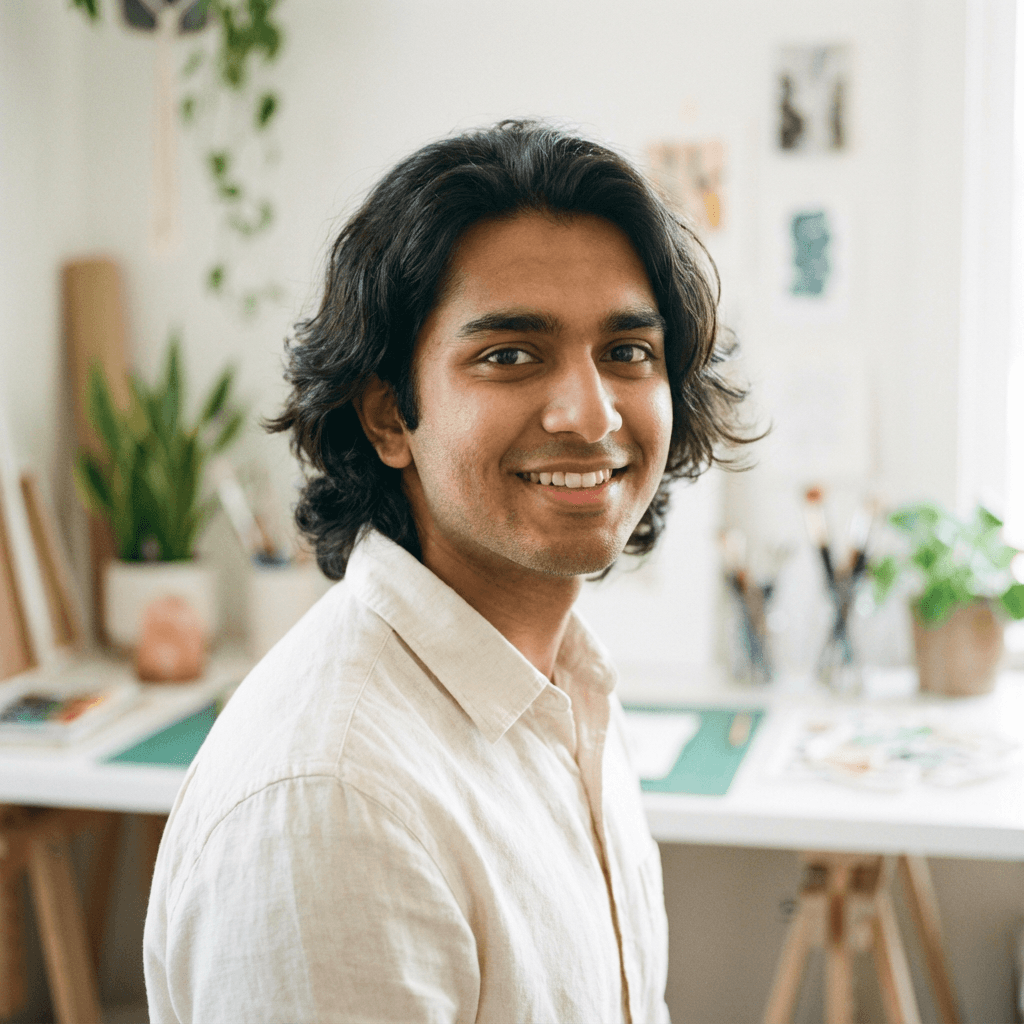 Male design assistant in his mid 20s, White, with a friendly demeanor, in a bright studio workspace