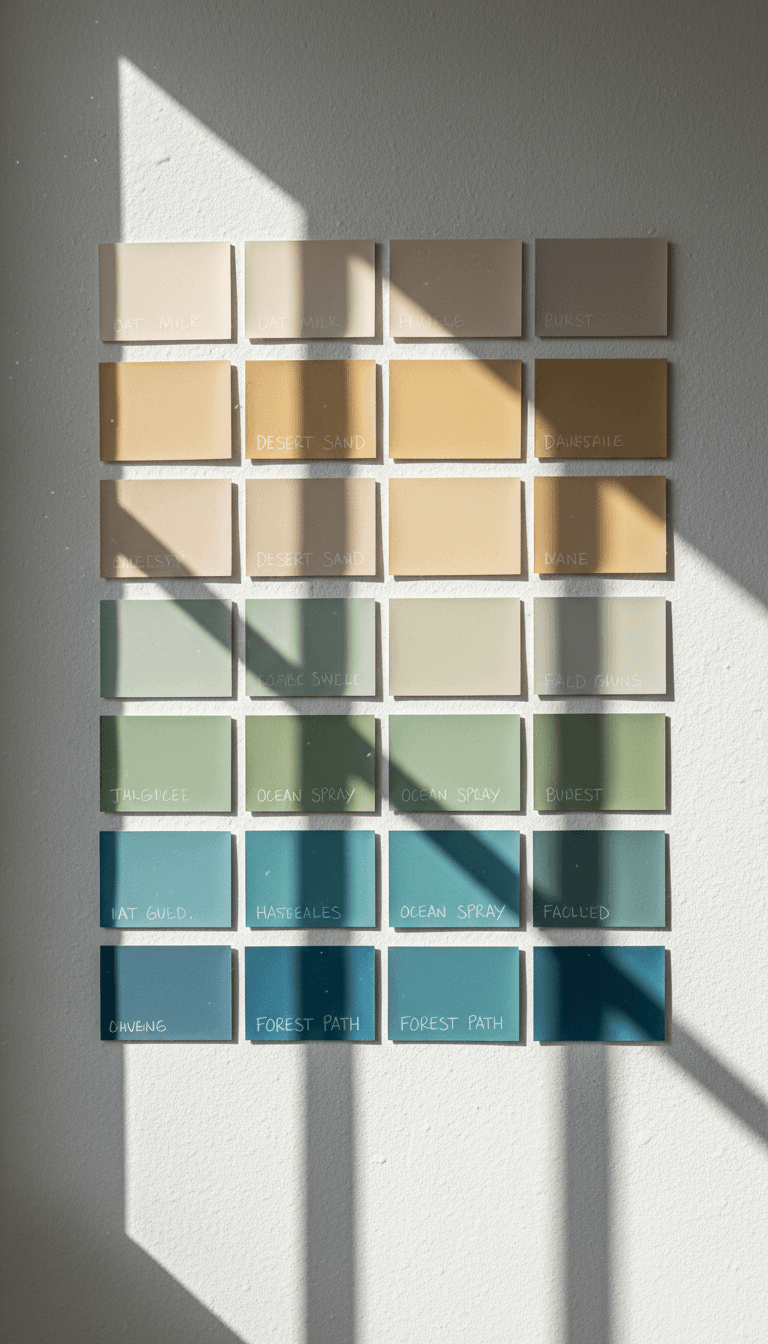 Paint color swatches arranged on a wall with natural light shadows