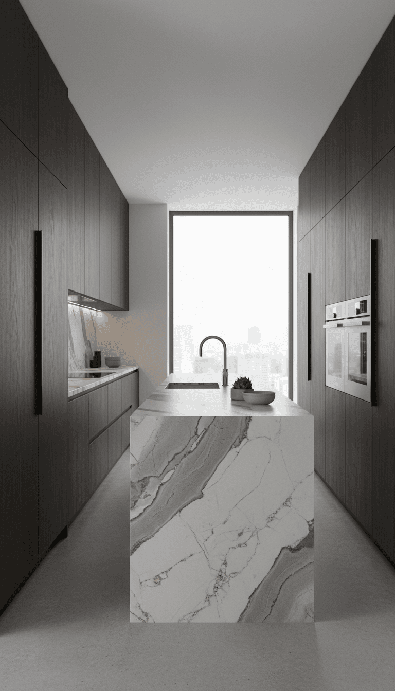 Modern kitchen with custom cabinetry and stone countertop detail