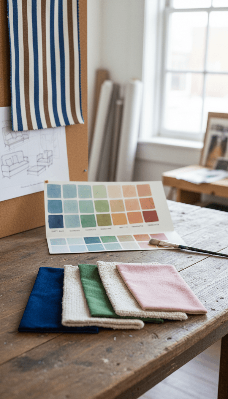 Close up of fabric swatches and paint color palette in a design studio