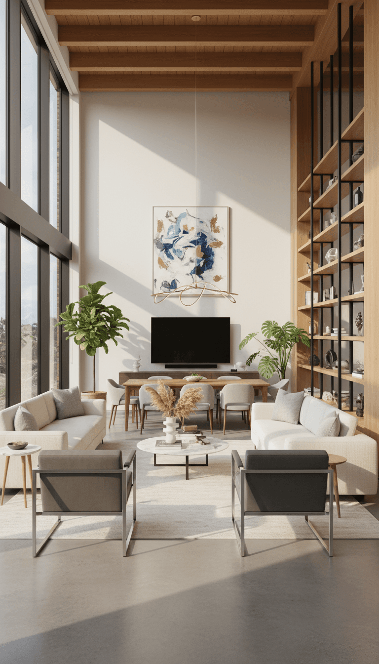 Open concept living room with modern furniture and natural light