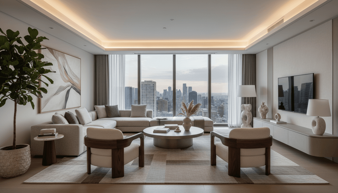Modern living room interior with neutral tones, designer furniture, and natural light