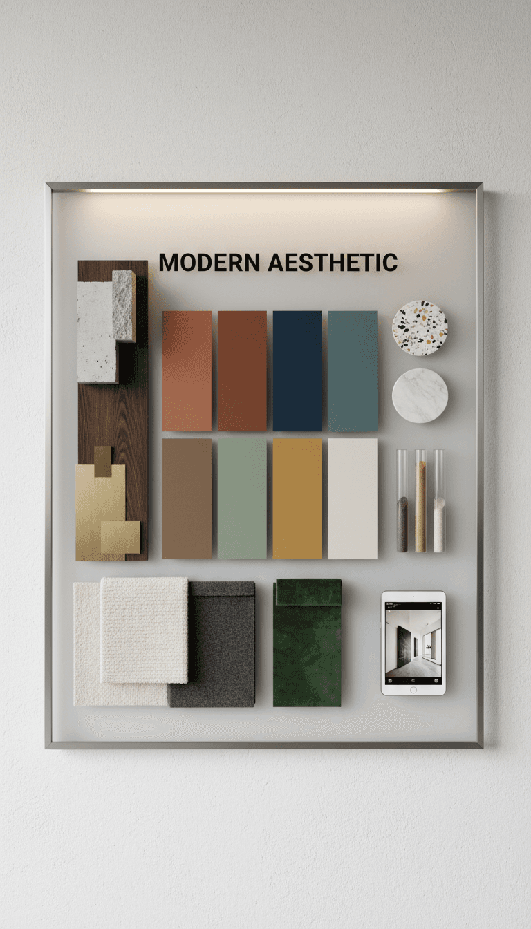 Modern mood board with material samples and color swatches on a wall