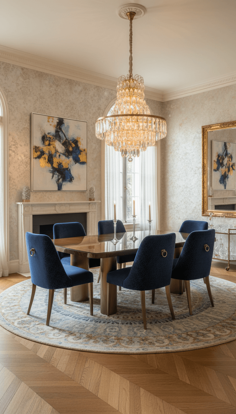 Elegant dining room with a designer table and upholstered chairs