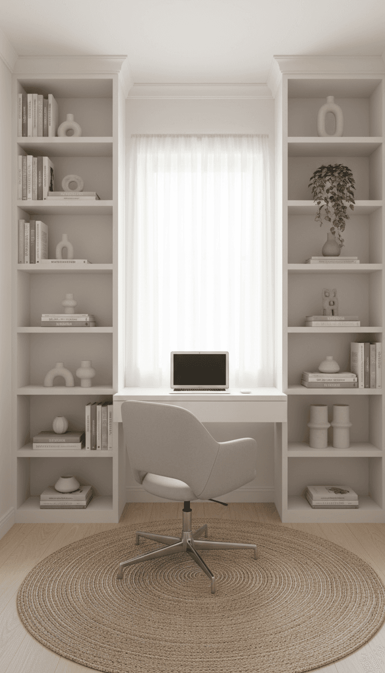 Bright home office nook with built-in shelves and clean design