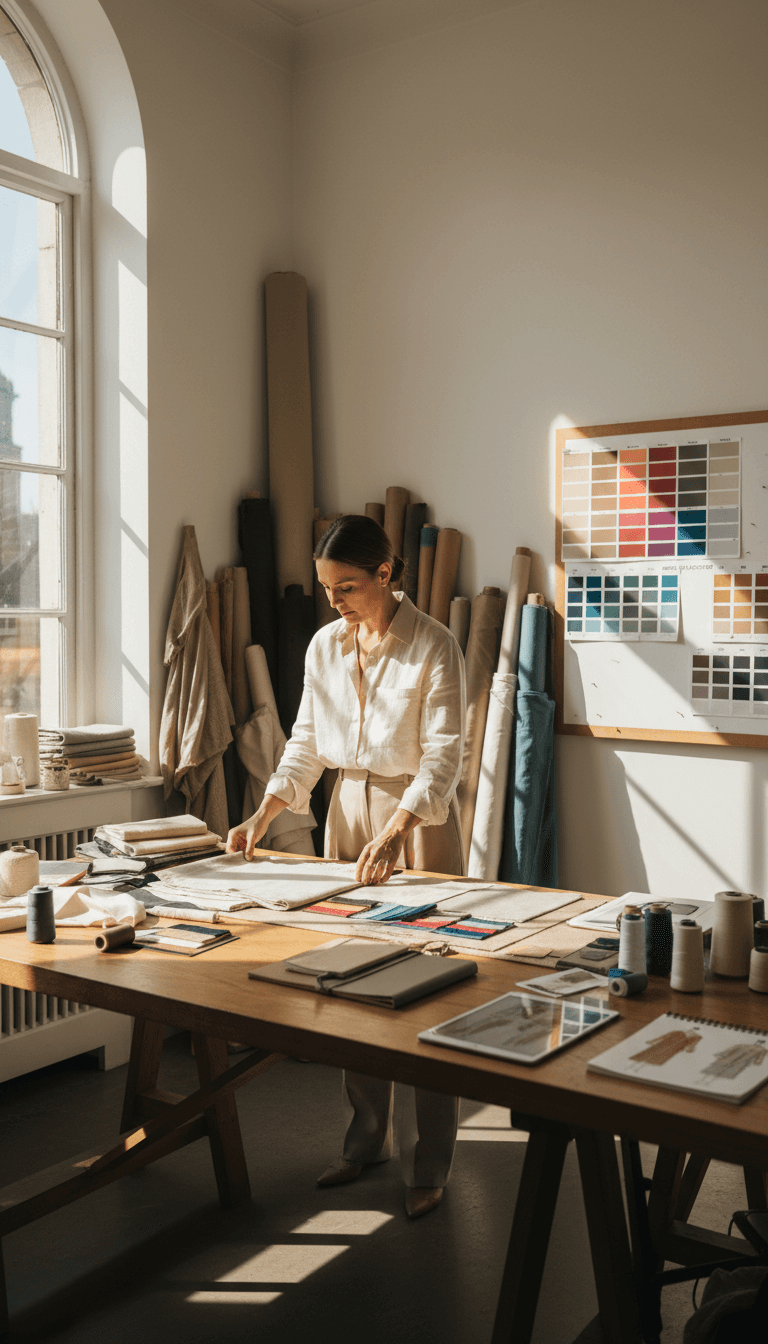 Designer choosing fabric samples and color palette in a studio