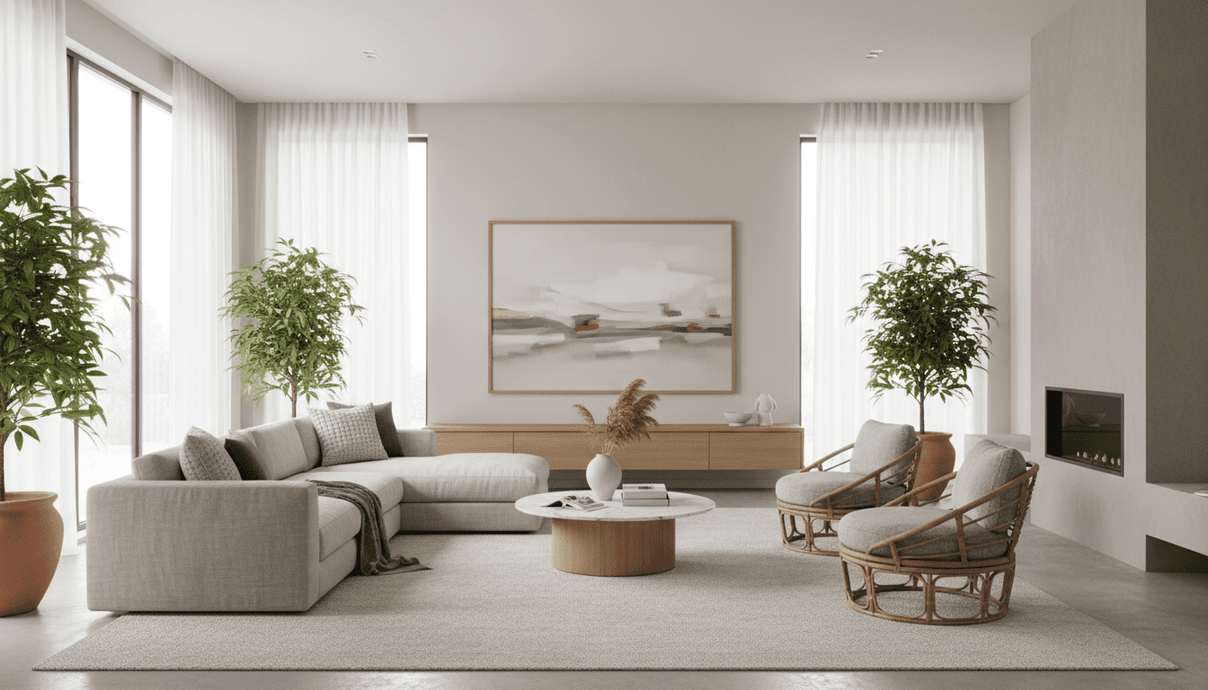 Modern living room with neutral tones and natural light