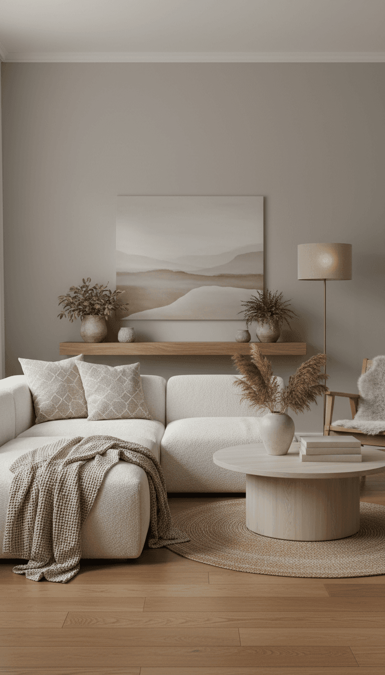 Calm neutral living room with soft textiles and warm wood floor