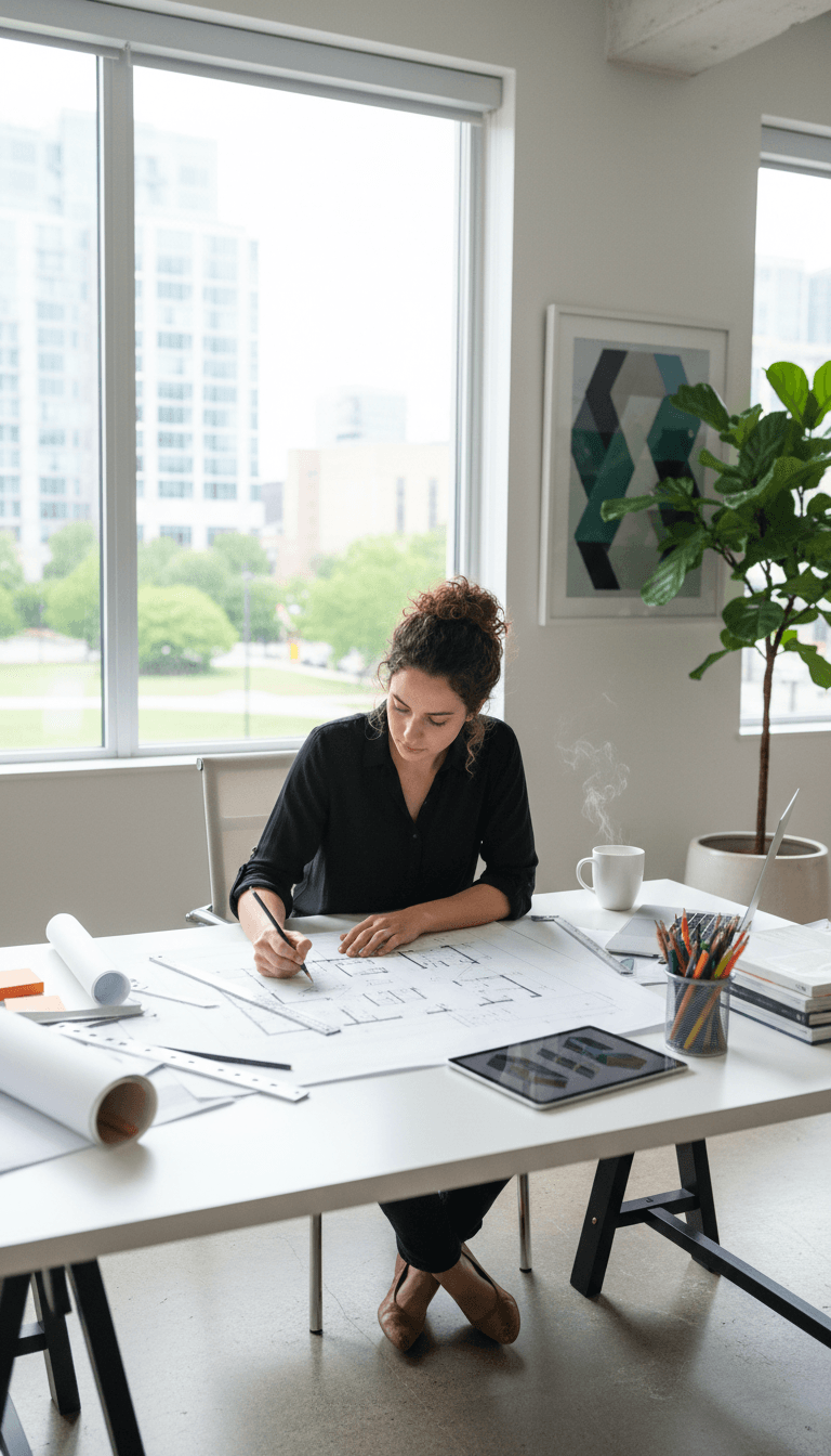 Interior designer sketching a floor plan at a bright studio desk