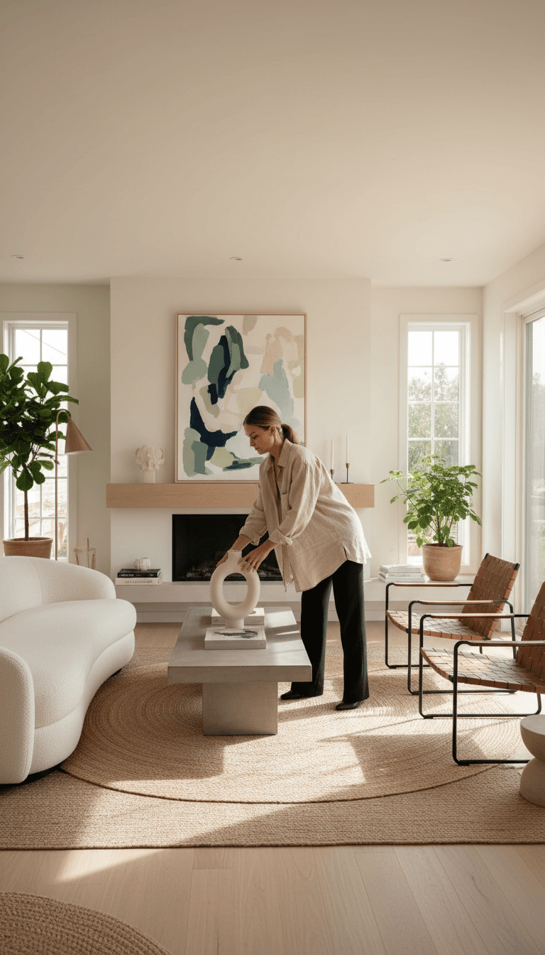 Stylist arranging modern furniture and decor in a bright living room