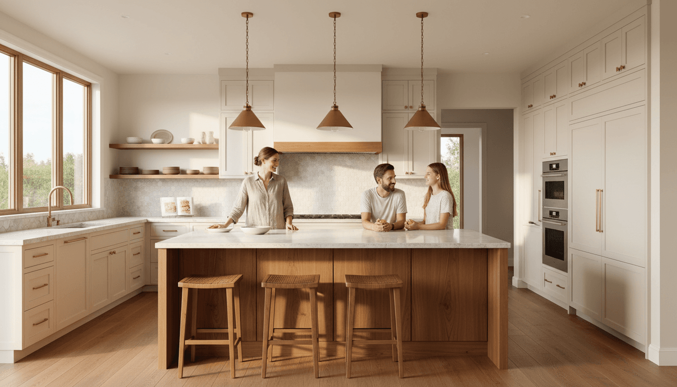 Open concept kitchen with marble waterfall island