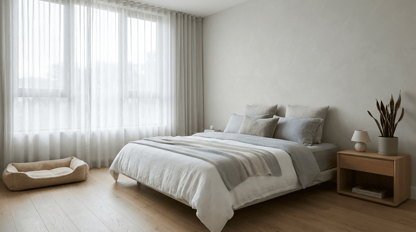Minimalist primary bedroom with layered neutral textiles