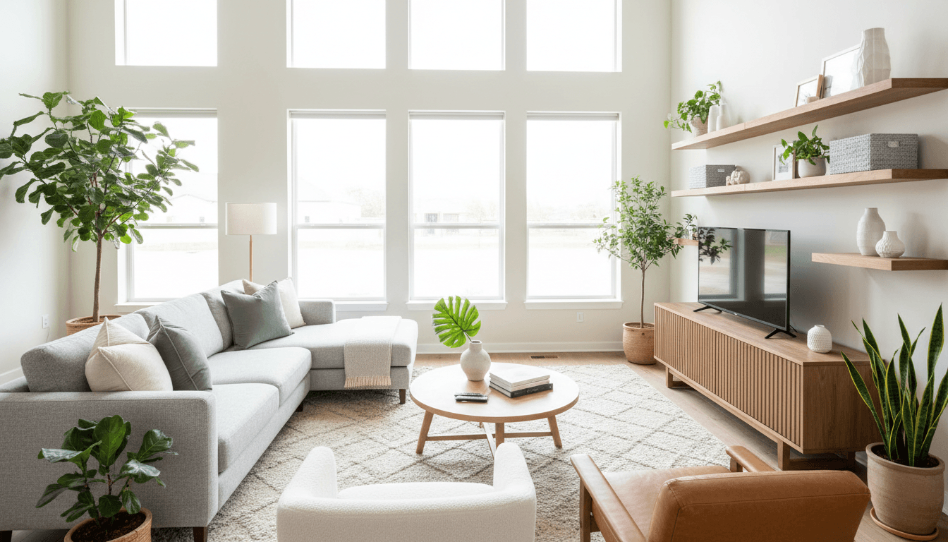 Modern living room interior with neutral tones and natural light