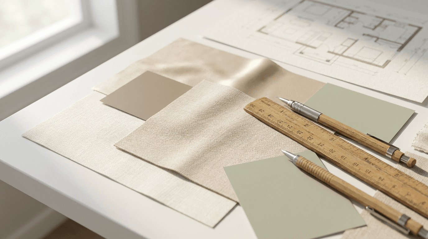 Mood board with color palette and fabric samples in a design studio