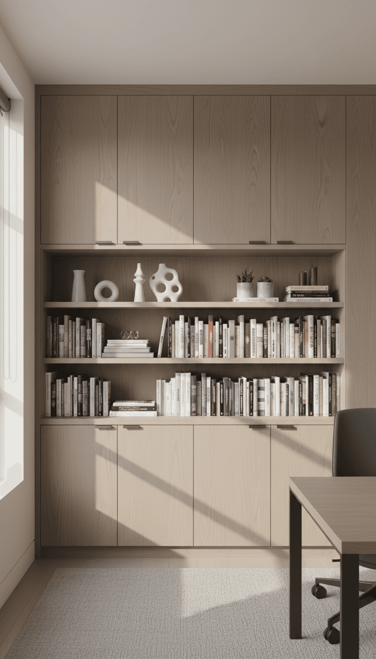 Home office with custom built-in desk and shelving