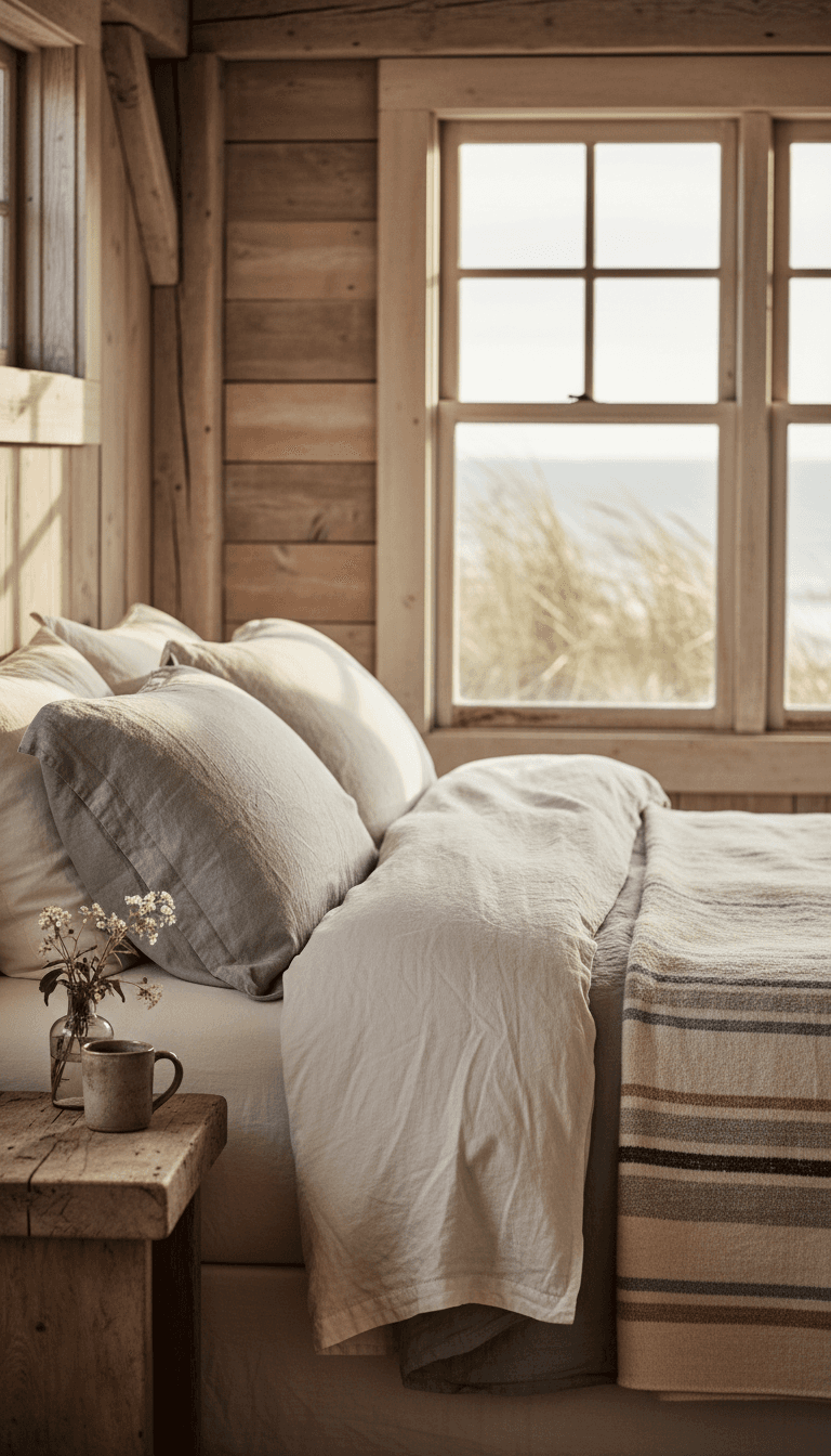 Cozy bedroom with layered textiles and warm bedside lighting