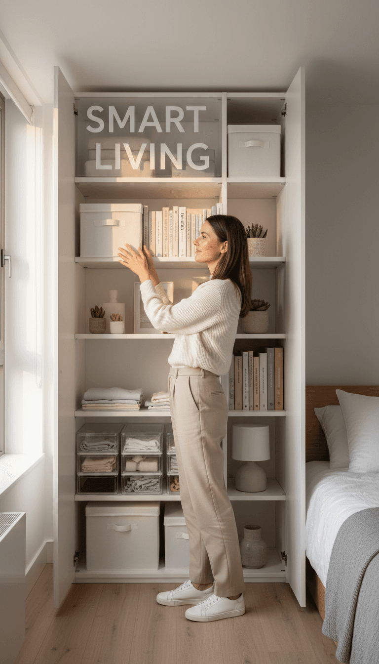 Compact modern condo living space with built-in shelving