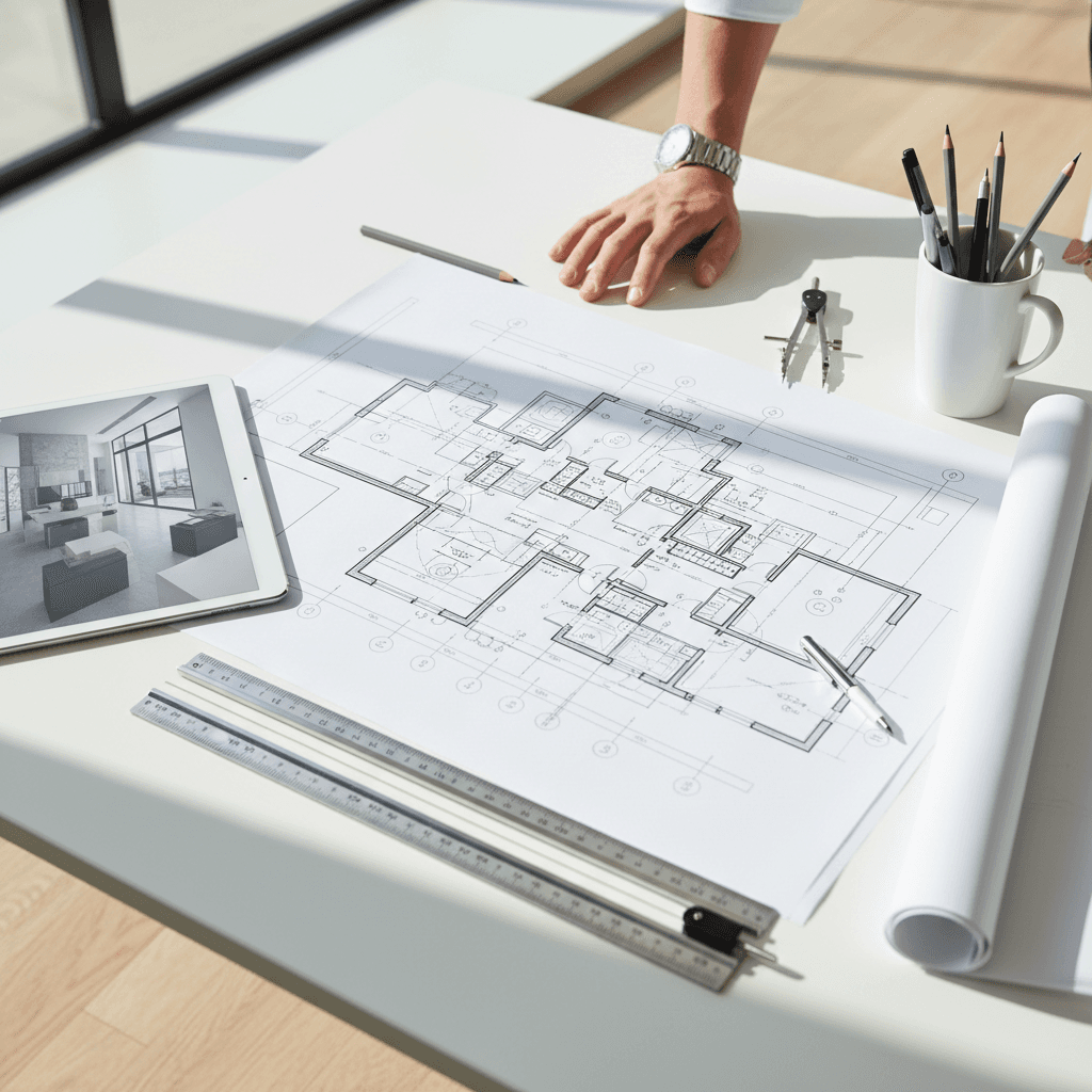 Interior designer sketching a floor plan with furniture templates