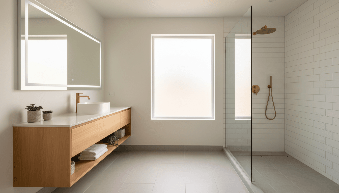 Modern bathroom with walk-in shower and floating vanity