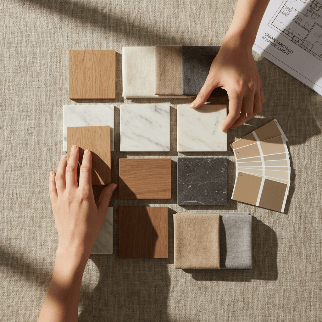 Fabric, wood, and stone material samples arranged on a table