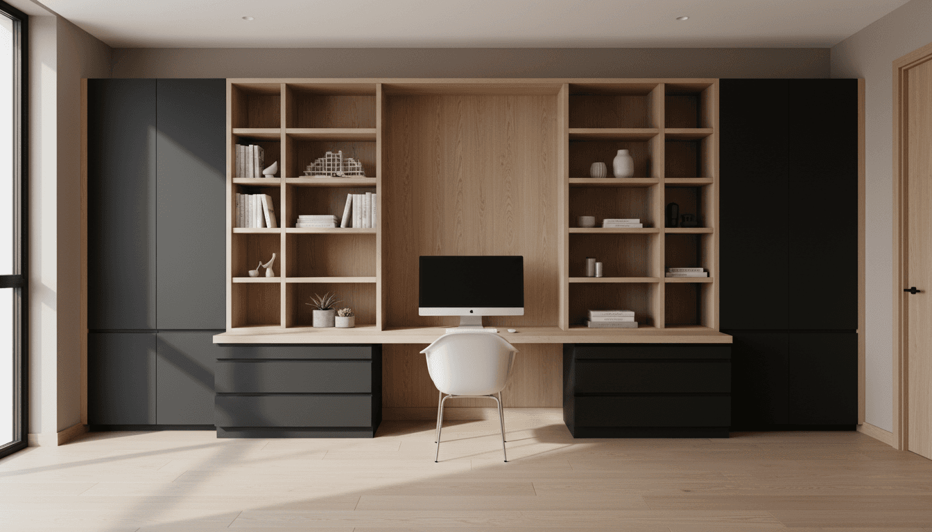 Home office with custom shelving and integrated lighting