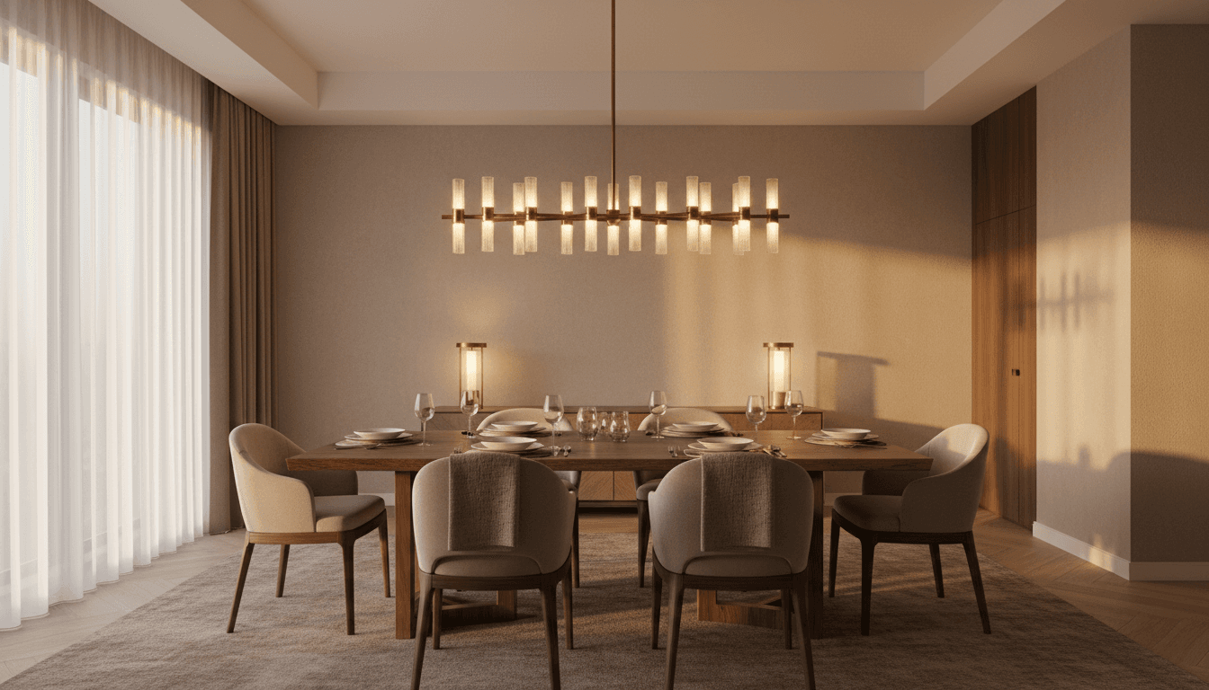Dining room with sculptural pendant light and oak table