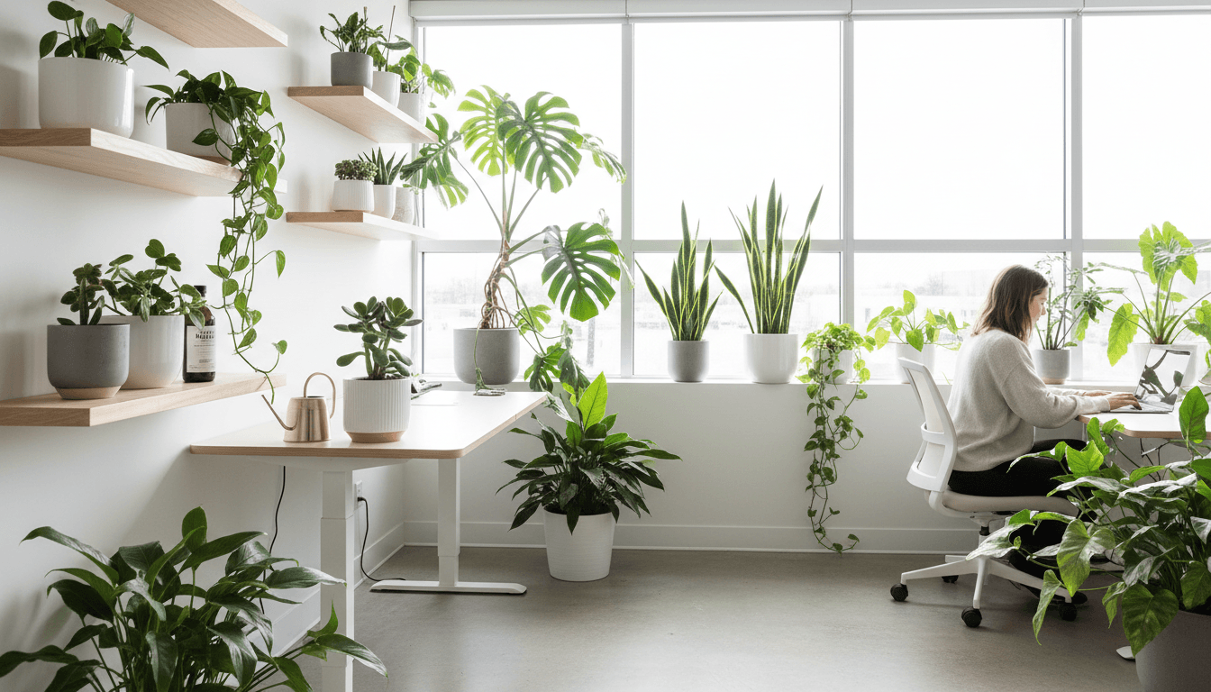 Commercial office lounge with casual seating and green plants