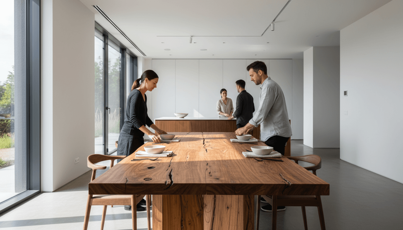 Open concept kitchen and dining area with warm wooden accents