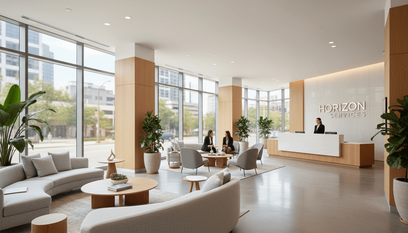 Commercial office lounge with warm lighting and upholstered seating