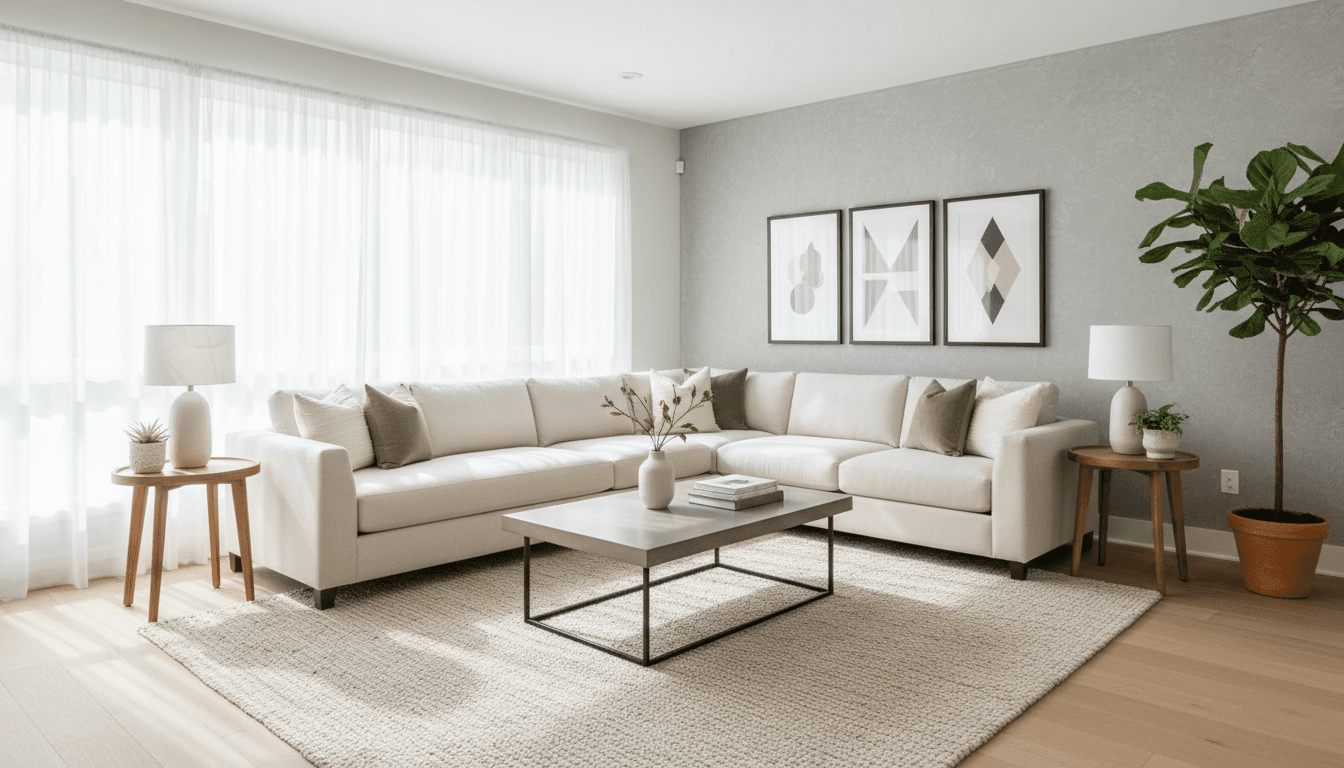 Bright Toronto living room with neutral sofa and oak coffee table